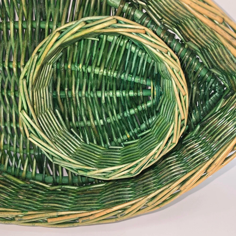 Vintage Woven Wicker Fish Shaped Serving Tray Green Charcuterie Platter 20 Inch